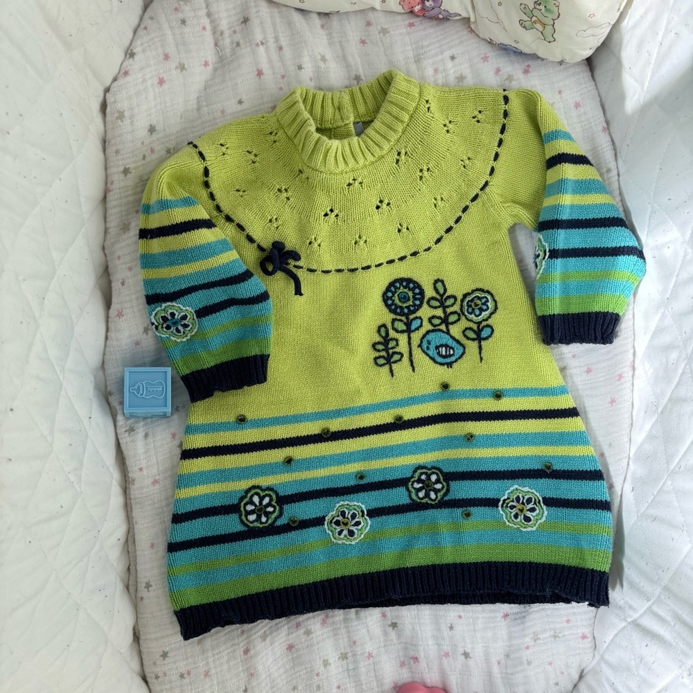 ⭒ 18-24M Gusti Unique Knit Dress Floral Embroidered Long Sleeves with Bird ⭒